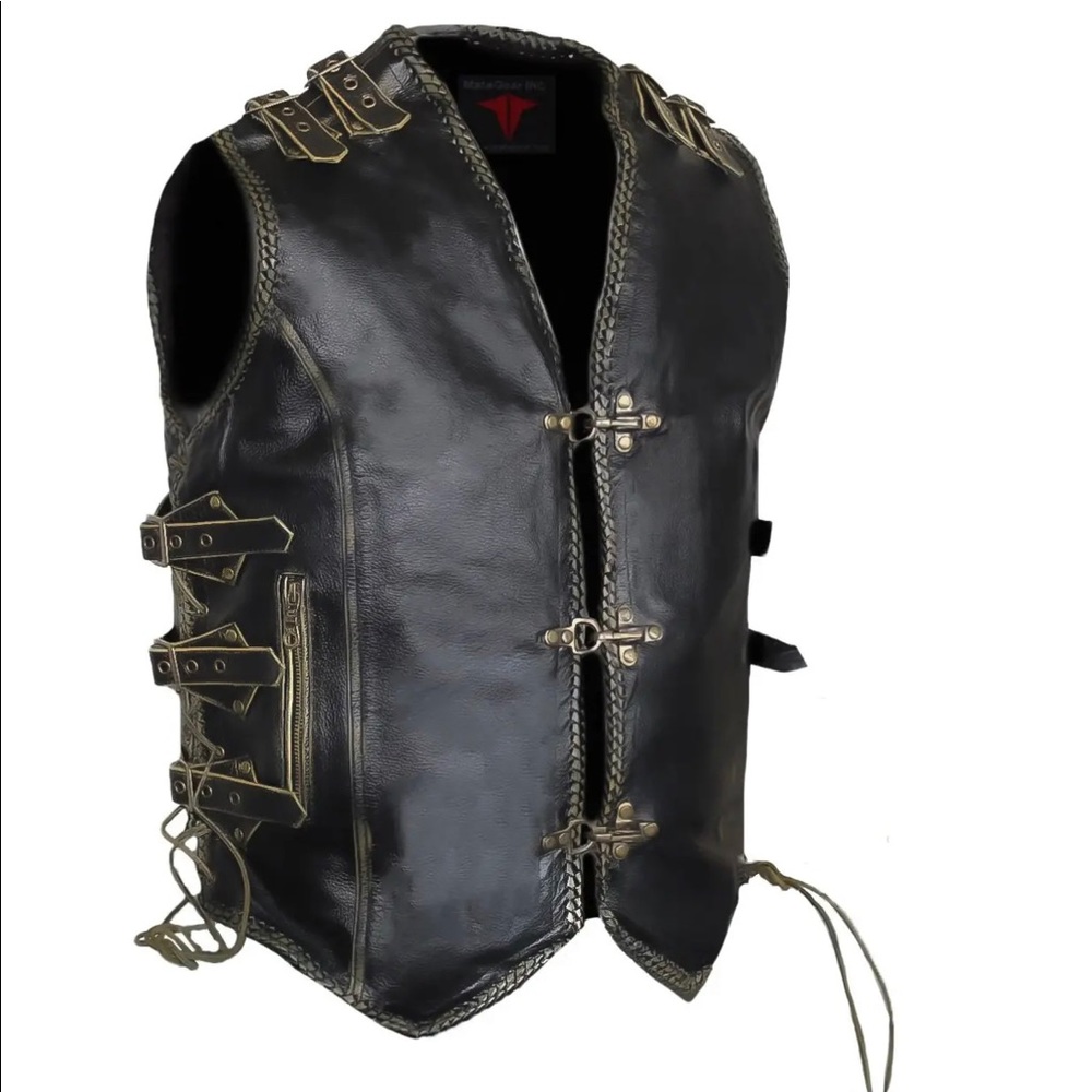 Men’s Motorcycle Distressed Black Side Laced Biker Concealed Carry Leather Vest